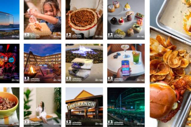 A collage of different photos, including food and cityscapes.