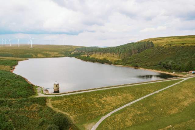 A drone shot of Lliw Reservoir