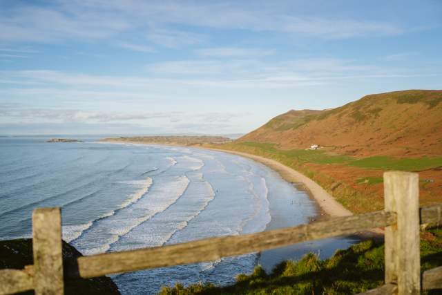 Panoramic view of Rhossili Bay with sweeping beach in Winter