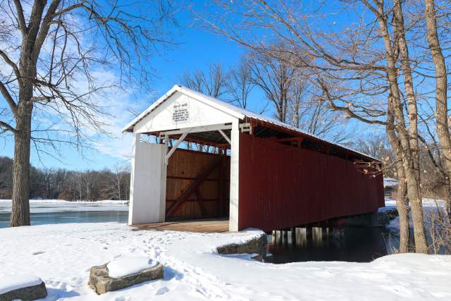 Fowler Park covered bridge in snow