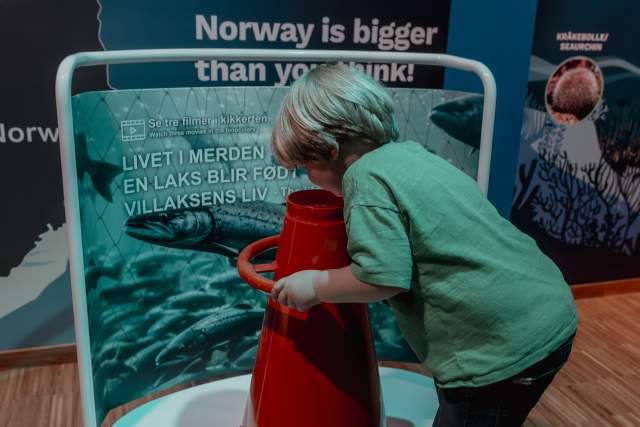 Barn ser på utstillingen "havet som ressurs" på Vitensenteret i Kristiansand