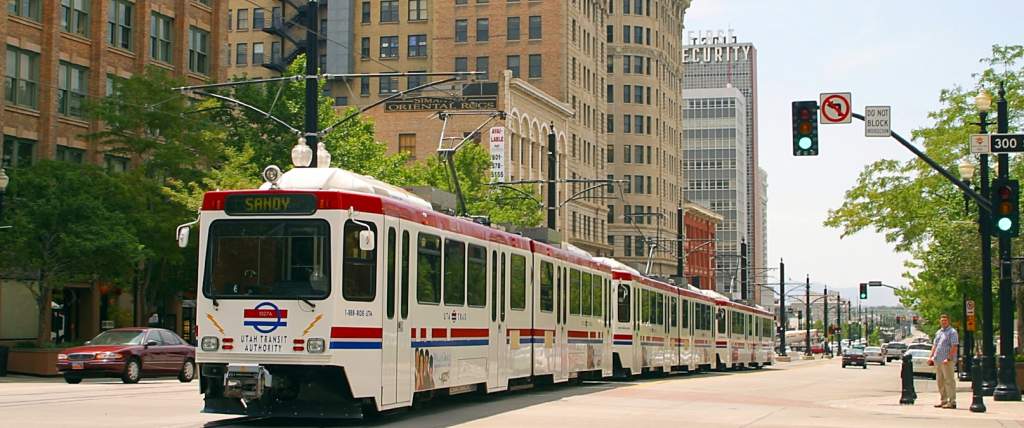 Trax passing 300 S in downtown Salt Lake