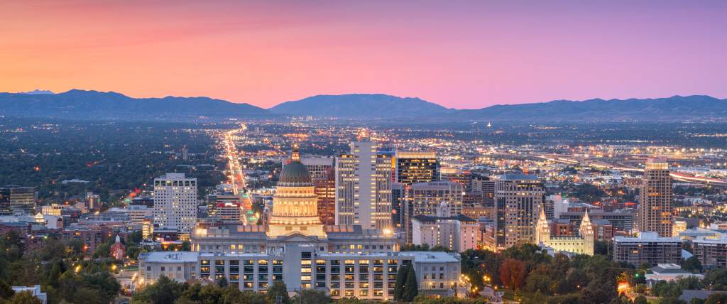 Sunset view of the Salt Lake Valley with the capitol building looking down State street