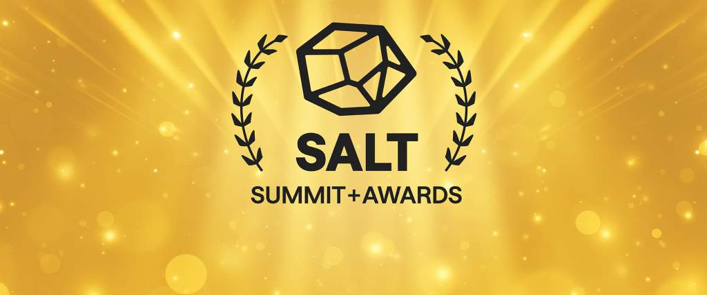 A gold background that looks sparkly with a Salt crystal logo and the words SALT Summit + Awards surrounded by laurel wreaths