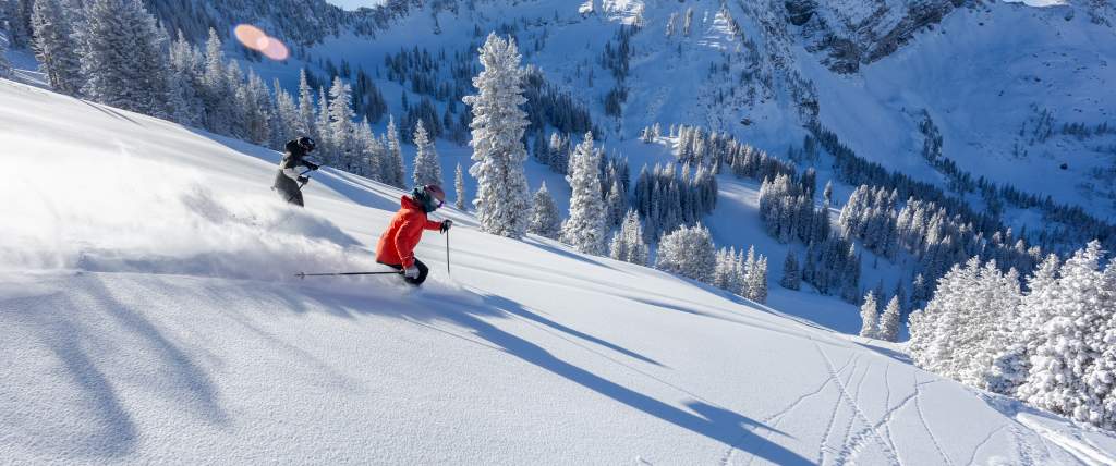 Two skiers gliding down a mountain with fresh snow, mountains in the background