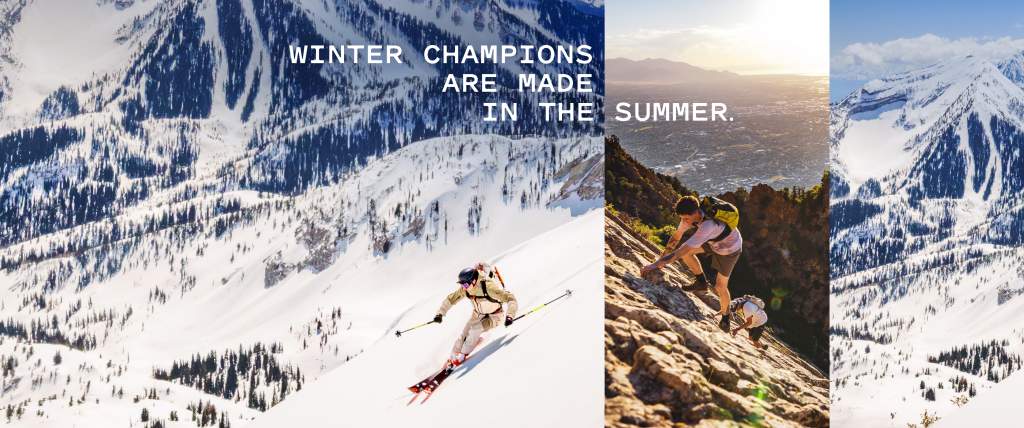 Winter Mountain with skier with words that say "Winter champions are made in the" and a vertical image of a rocky mountain and climbers on it that says "Summer"
