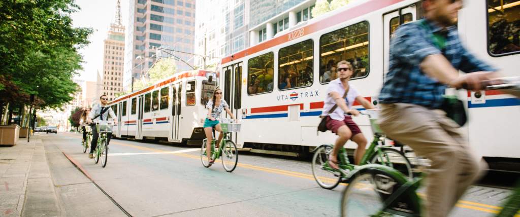 GREENbike Alongside Trax in downtown Salt Lake