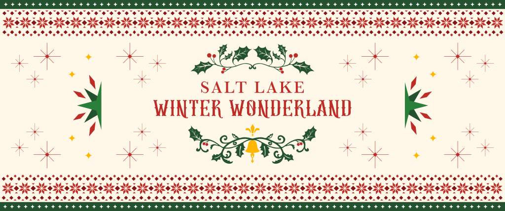 Vintage red, green and gold embroidery looking image with the words Salt Lake Winter Wonderland