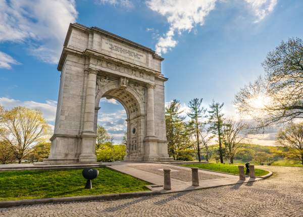The iconic arch at Valley Forge National Historical Park in King of Prussia on a sunny day.