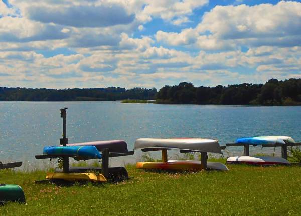 kayaks and canoes lined up at codorus state park