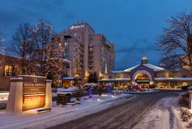 Front Entrance Delta Hotels by Marriott Grand Okanagan Resort-Snowy in Winter (3)