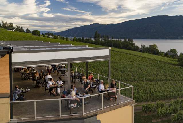 Aerial view of The Lookout Restaurant patio at the Gray Monk Winery in Lake Country, BC