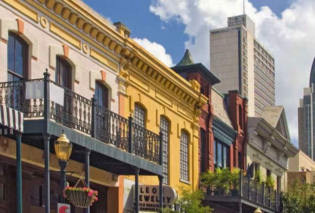 colorful buildings on Dauphin Street in downtown Mobile