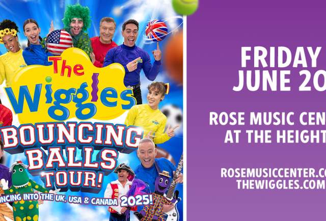 Banner promoting The Wiggles in concert at the Rose Music Center.
