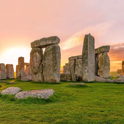 A view of the Stonehenge monument near Bristol at sunset