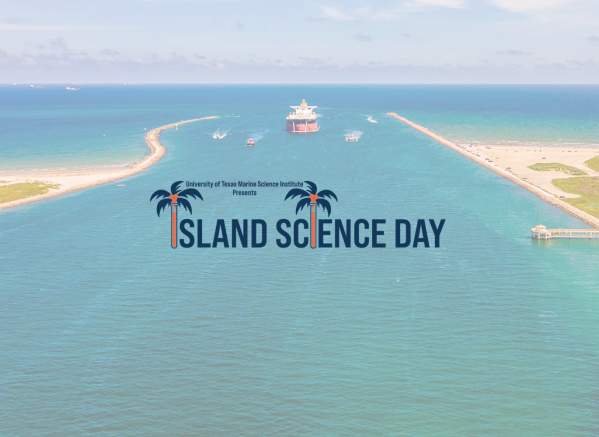 A blue and orange logo reads "Island Science Day." The "I"s are beakers made of palm trees. Behind the logo is a semi-transcluent photo of a ship channel.