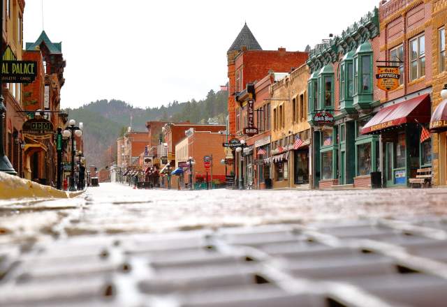 low view of the street and the historical buildings on main street deadwood.