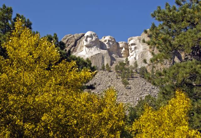 Mount Rushmore with four presidential faces carved into the granite, backed by a clear blue sky. Vibrant yellow autumn foliage in the foreground.