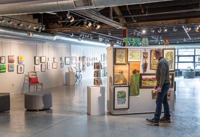 An art gallery with paintings displayed on walls and panels. A person in casual attire observes a panel of colorful landscape artworks, creating a serene and contemplative atmosphere.