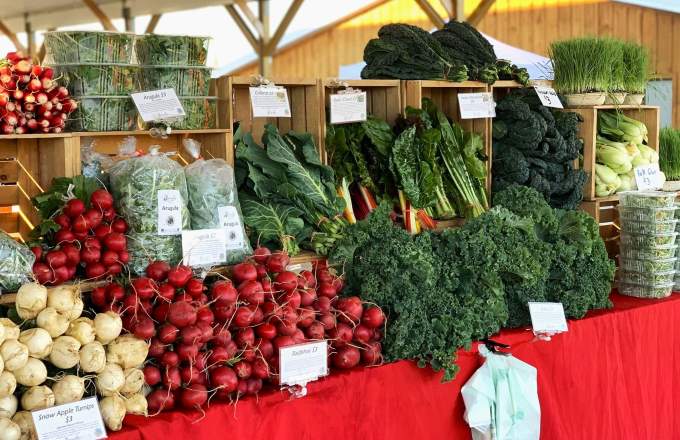 Fresh red radishes, white turnips, kale, chard, and packaged arugula at a vibrant farm stand.
