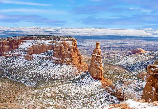 Scenic view of Colorado National Monument with light dusting of snow