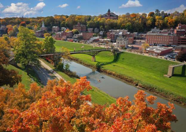 Aerial view of Galena River in fall
