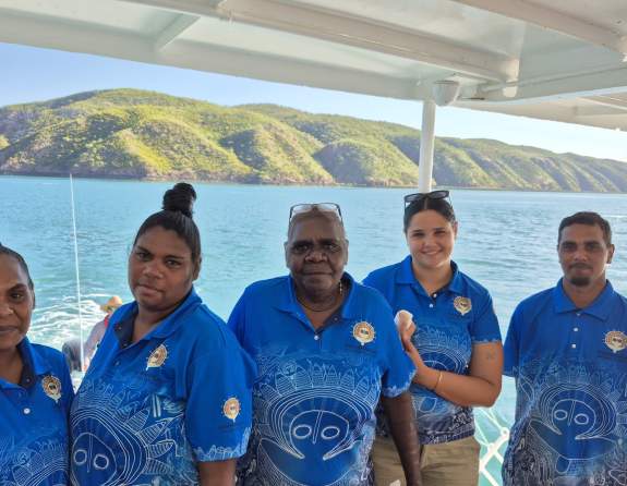 Dambimangari Cultural Tour Guides at Garaan-ngaddim/Horizontal Falls. Chaylene Ngerdu, Esekia Bradshaw, Robyn Mungulu, Chelsea Osborne, Dylan Sesar