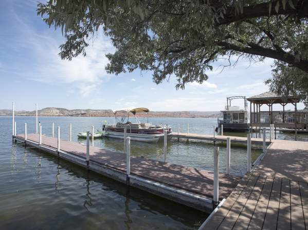 A boating dock along Alcova Reservoir in Wyoming.