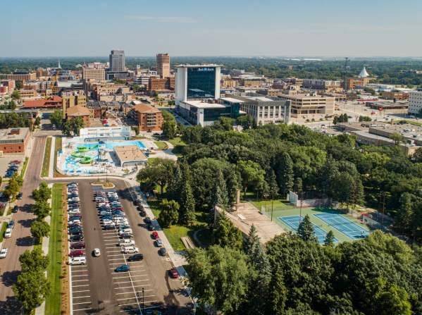 aerial view of Island Park and downtown facing east.