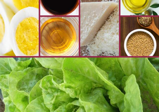 a variety of ingredients for a salad developed for George Mason's Gunston hall. Ingredients include lettuce, oils, cheese, and eggs