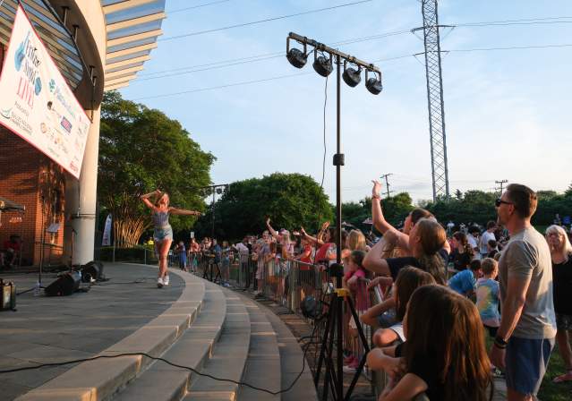 A performer dances on stage in front of an enthusiastic crowd at an outdoor event, with trees and power lines in the background.