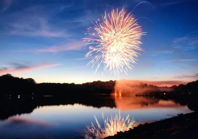 Fireworks over a lake