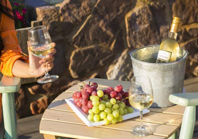 A hand holds a glass of white wine beside a platter of red and green grapes, with a bucket of wine in the background on a wooden table.
