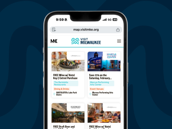 a mock up of a phone showing deals for dining and events around milwaukee on a blue background