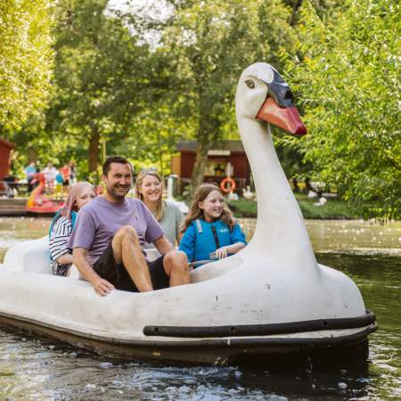 Family riding a swan pedalo in singleton park