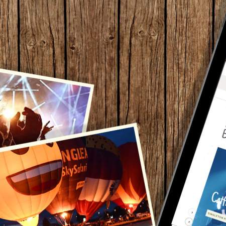 Collection of marketing material including photos and ipads
