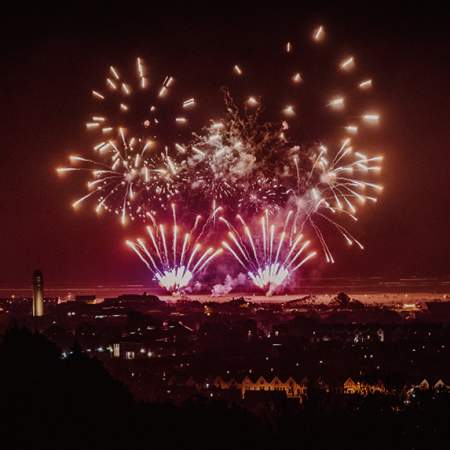 Fireworks over Swansea bay with the city in the foreground