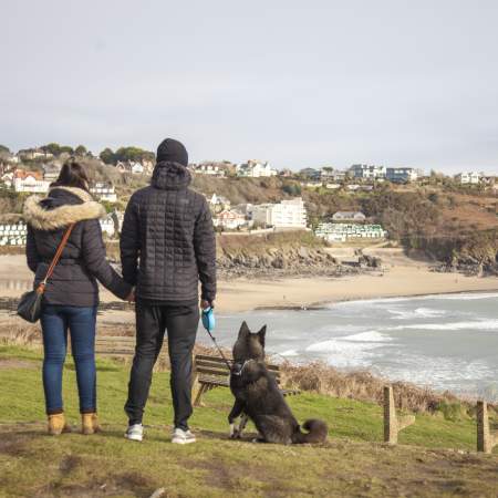 Couple walking their dog in the winter