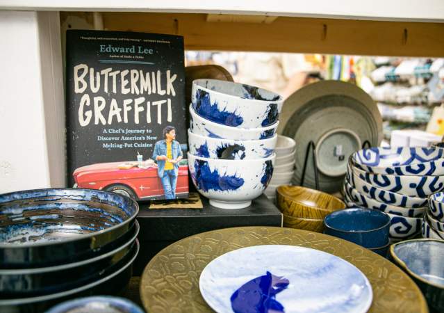 Display of dishes and cookbooks at Goods for Cooks