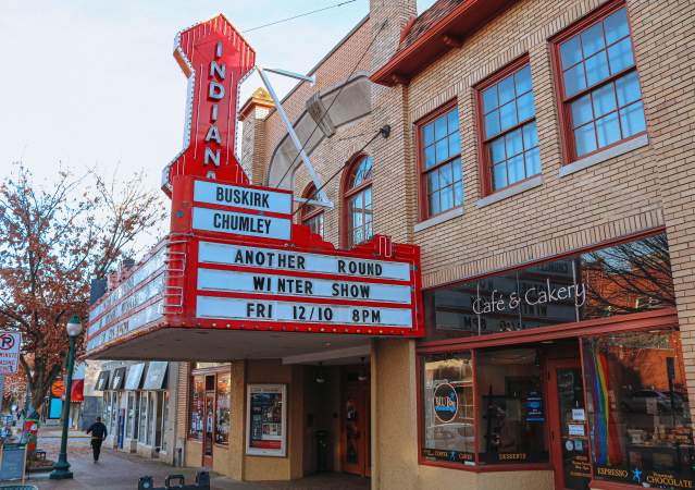 Exterior of the Buskirk-Chumley Theater and BLU Boy Chocolate Cafe & Cakery during winter