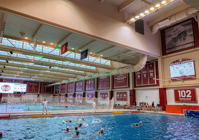 Two teams playing water polo at the Counsilman-Billingsley Aquatic Center