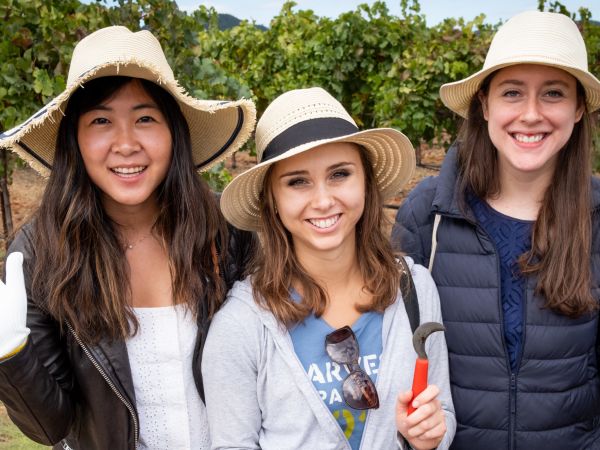 women smiling in a vineyard at the Hands On Harvest event