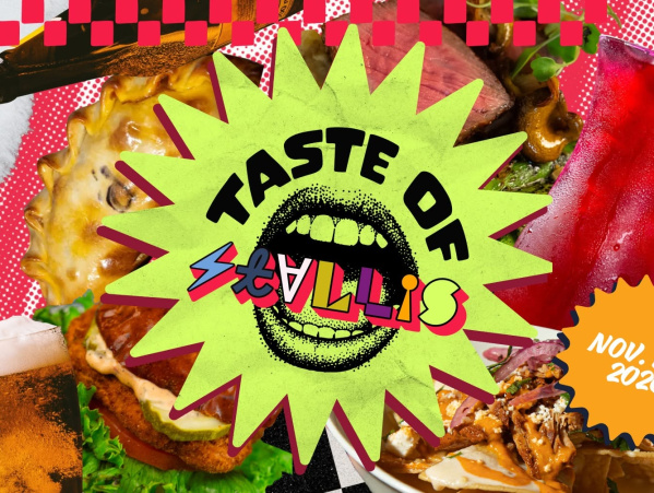 Colorful Taste of Stallis promotional graphic featuring food, beer and cocktails surrounding a bold neon-green logo, with event dates of Nov. 1-7, 2026.