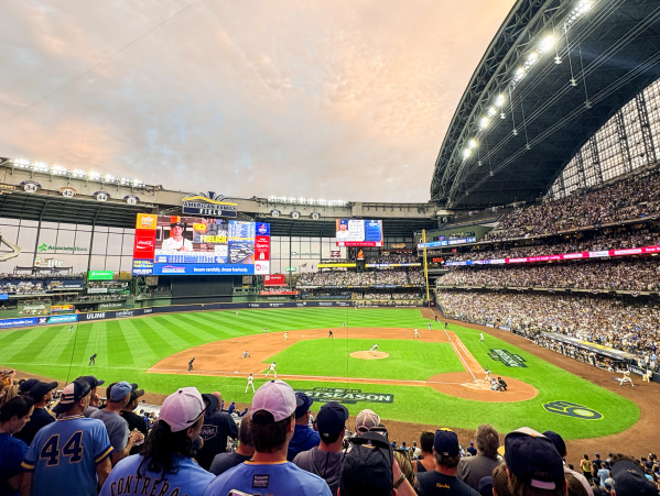 a photo from the third base line in the stands of American Family Field during a brewers game