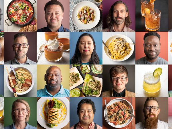 a grid of milwaukee chef headshots and food photography featuring dishes and chefs from the Milwaukee Cookbook