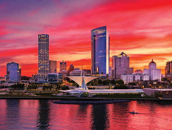 Milwaukee skyline at sunset