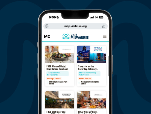 a mock up of a phone showing deals for dining and events around milwaukee on a blue background