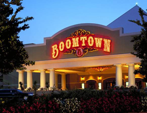 night view of the lighted front of Boomtown Casino and Hotel Bossier