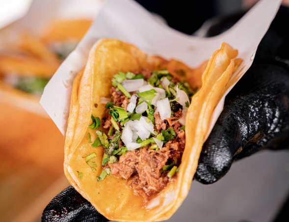 Someone in black gloves holding a asada taco in two corn tortillas topped with onions and cilantro