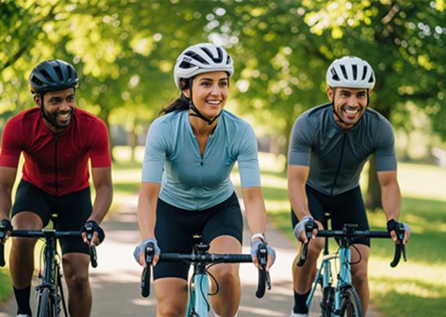 Two men and a woman riding bikes